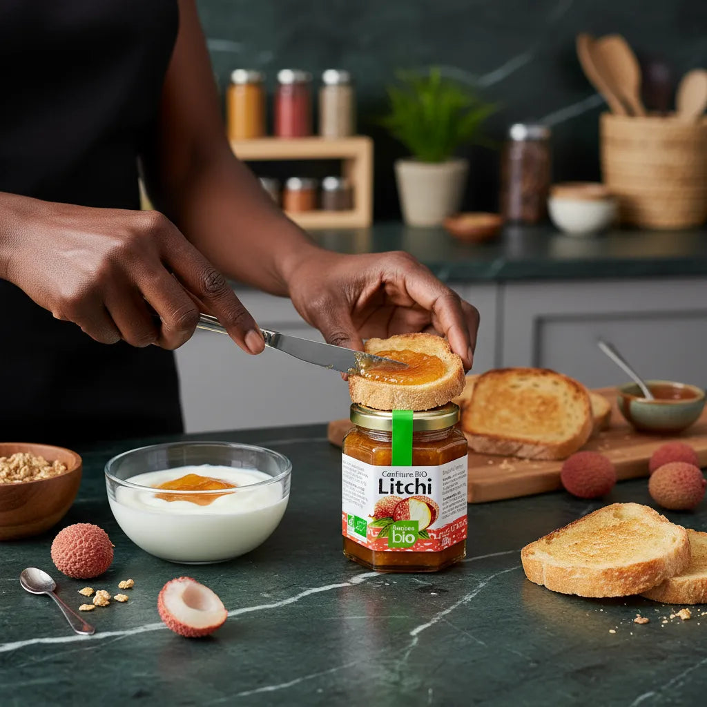 Tartine de pain grillé garnie de confiture Litchi RACINES BIO, servie avec yaourt et litchis, moment gourmand au petit-déjeuner bio.