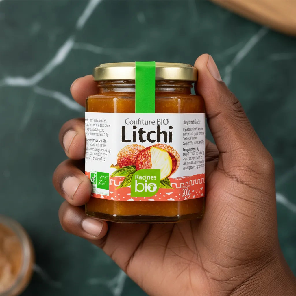 Main tenant un pot de confiture Litchi RACINES BIO, mettant en valeur l'étiquette et la texture onctueuse du produit sucré bio.