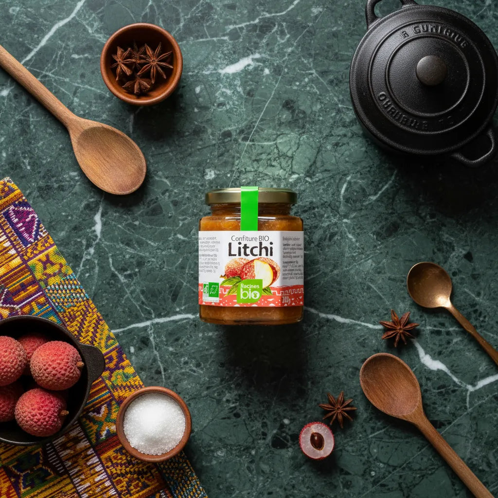Pot de confiture Litchi RACINES BIO posé sur table en marbre avec litchis frais, ustensiles et sucre, ambiance épicerie sucrée artisanale.