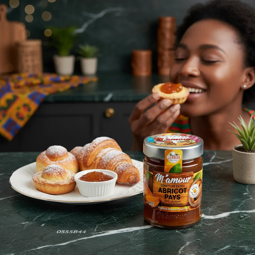 Femme savourant une tartelette à la confiture d'abricot pays M'AMOUR, pot en avant-plan avec assiette de pâtisseries sucrées en arrière-plan.