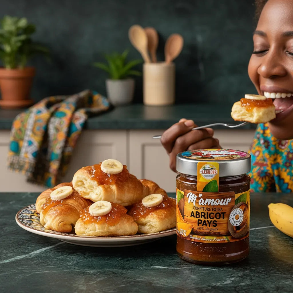 Femme dégustant un croissant nappé de confiture d'abricot pays M'AMOUR, pot visible en avant-plan sur une table de cuisine moderne.