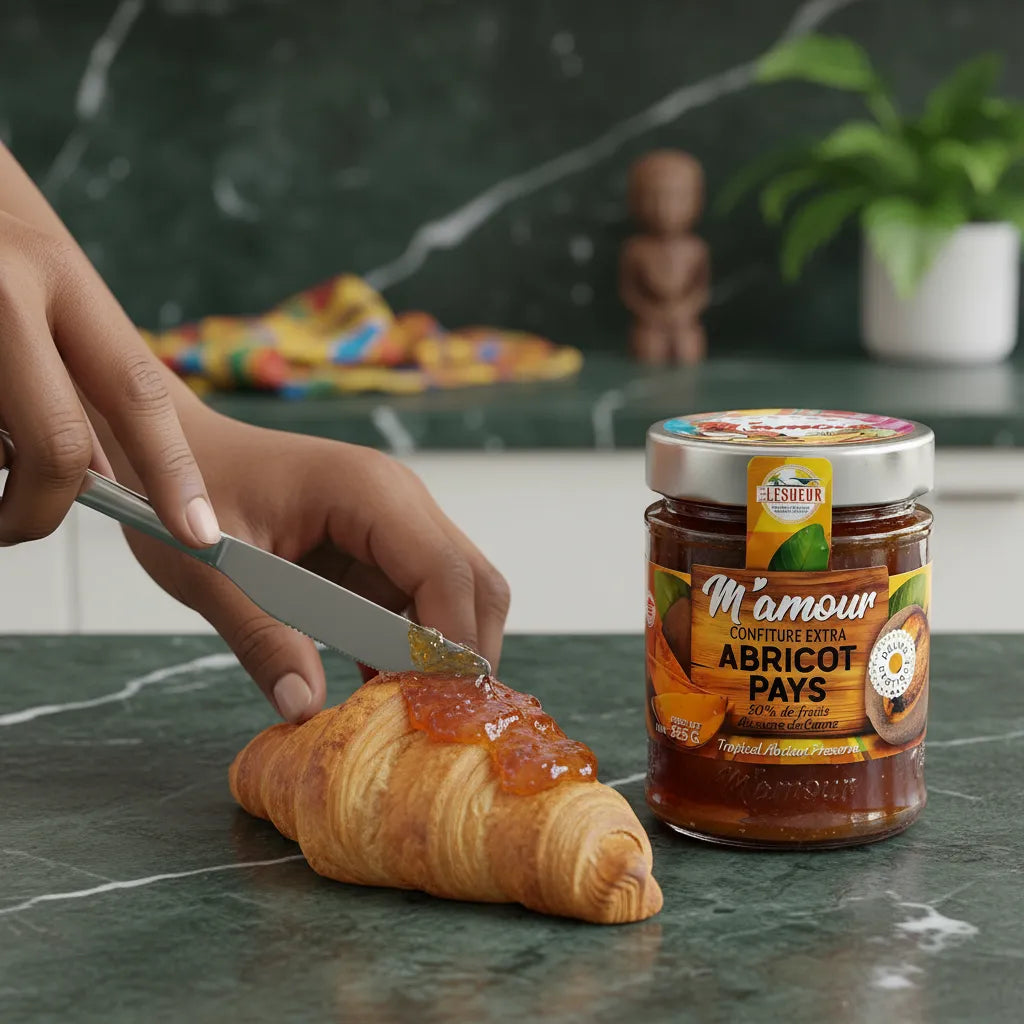 Main tartinant un croissant avec la confiture d'abricot pays M'AMOUR, pot visible à côté, parfait pour le petit-déjeuner ou brunch sucré.