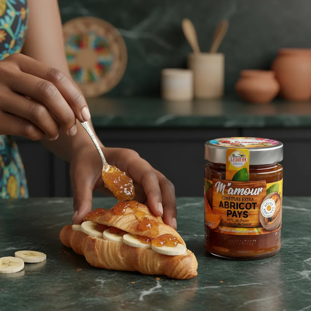 Main tartinant un croissant à la banane avec la confiture d'abricot pays M'AMOUR, pot bien visible, idéal pour les petits-déjeuners gourmands.