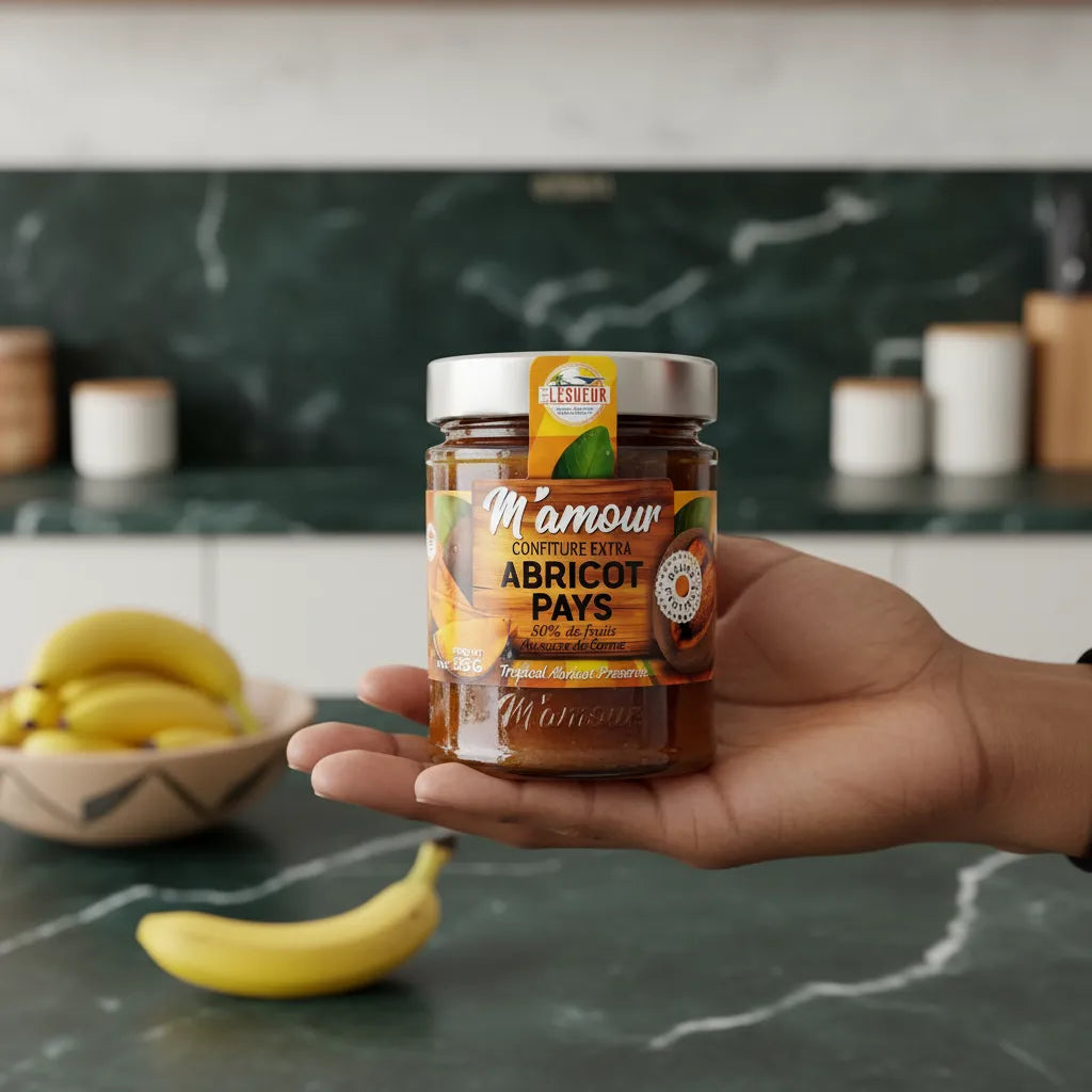 Main tenant un pot de confiture d'abricot pays M'AMOUR dans une cuisine moderne, produit d'épicerie sucrée aux fruits tropicaux visible en détail.
