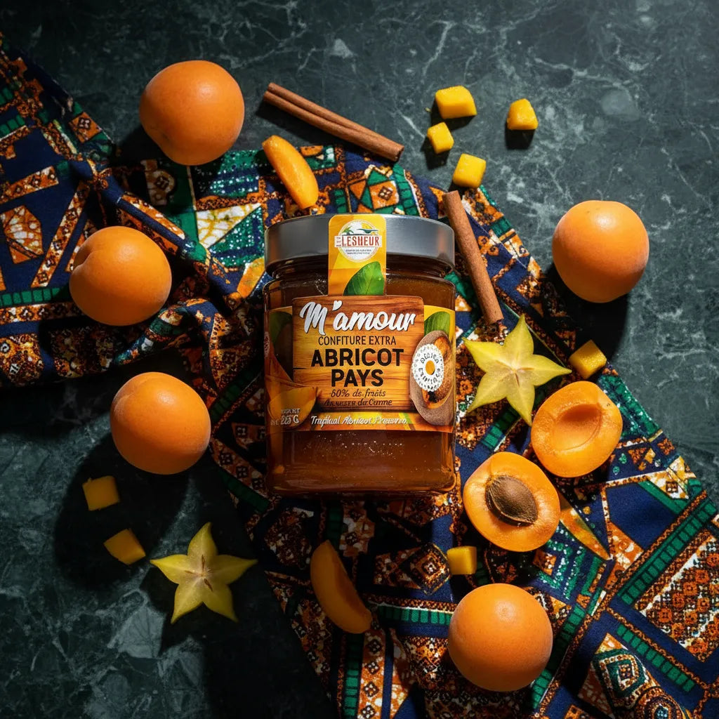 Pot de confiture d'abricot M'AMOUR entouré de fruits tropicaux frais et d'épices, sur un tissu coloré, parfait pour l'épicerie sucrée exotique.