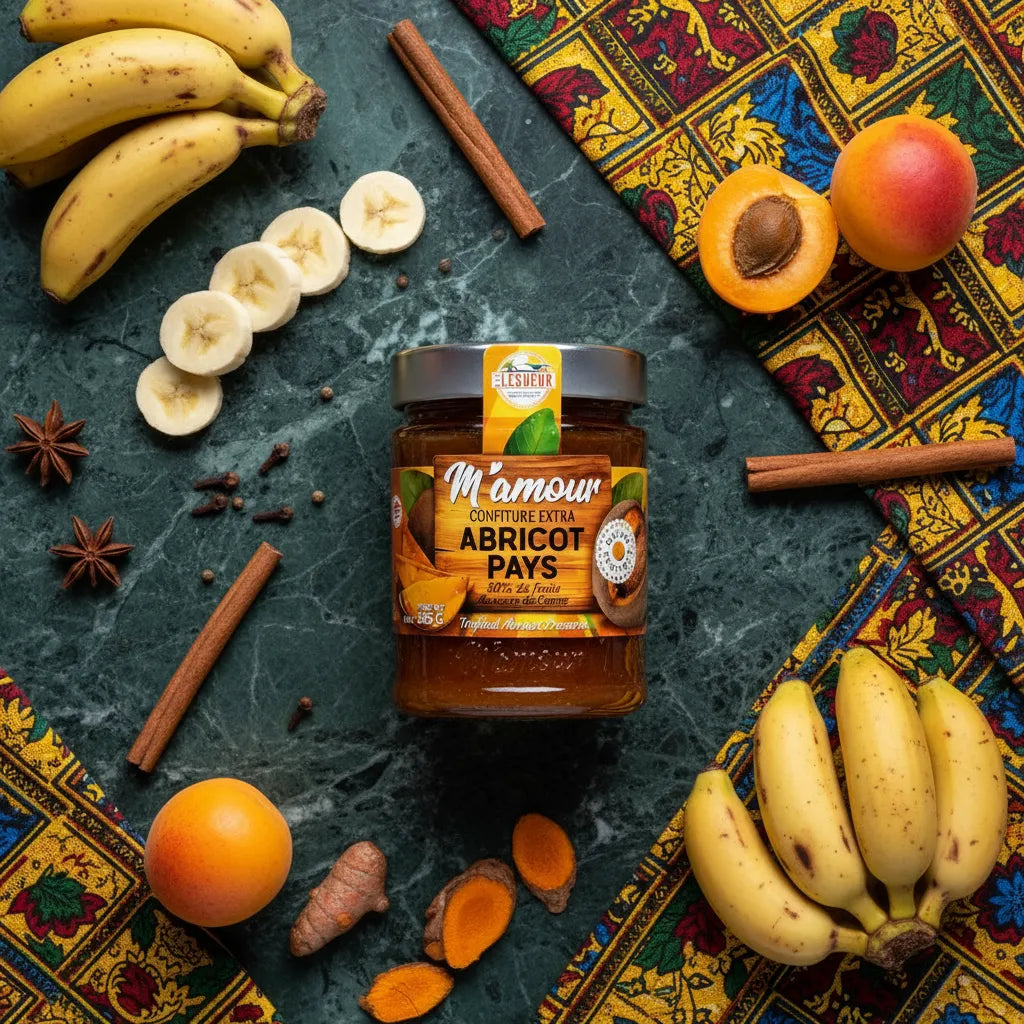 Pot de confiture d'abricot pays M'AMOUR entouré de bananes, abricots et épices, sur fond de tissu africain, produit d'épicerie sucrée exotique.