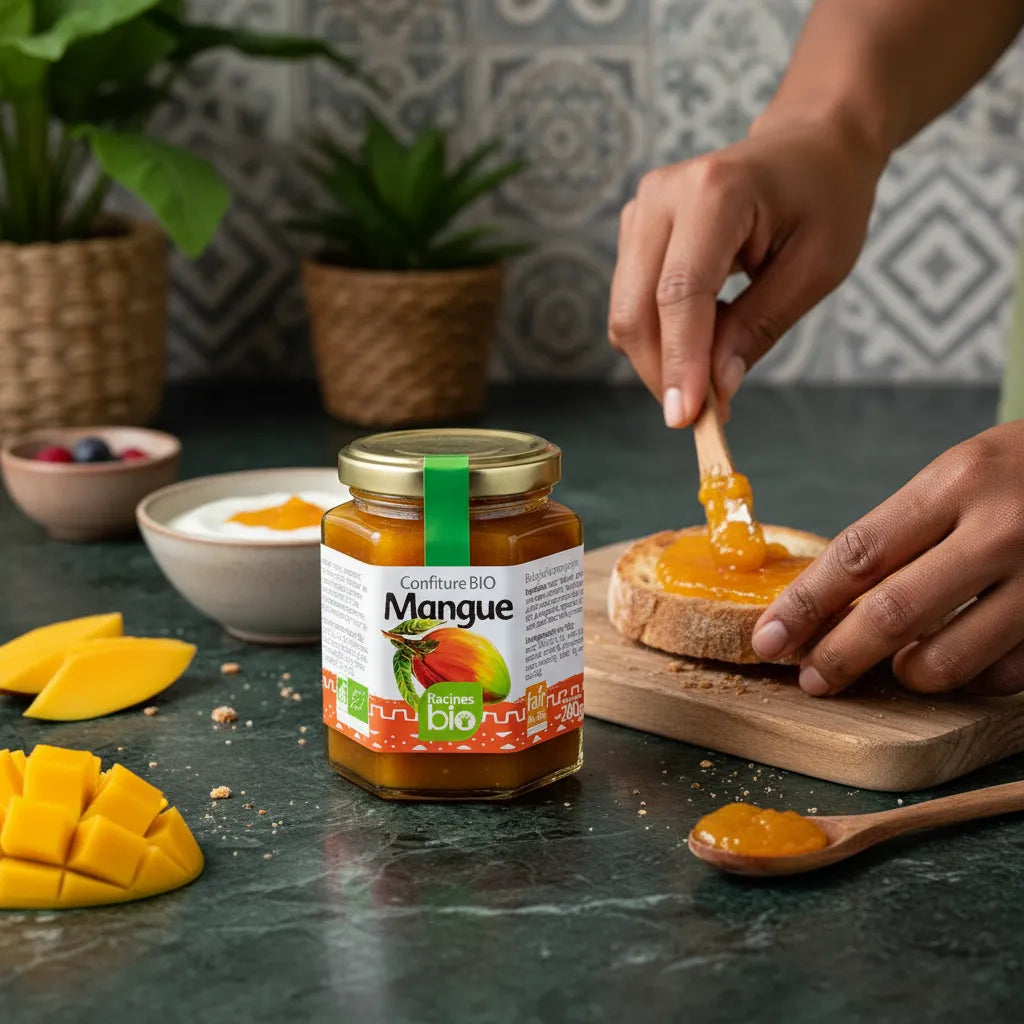 Tartine de pain avec confiture mangue RACINES BIO étalée, ambiance tropicale et gourmande. Idéal pour petit-déjeuner sucré et sain.
