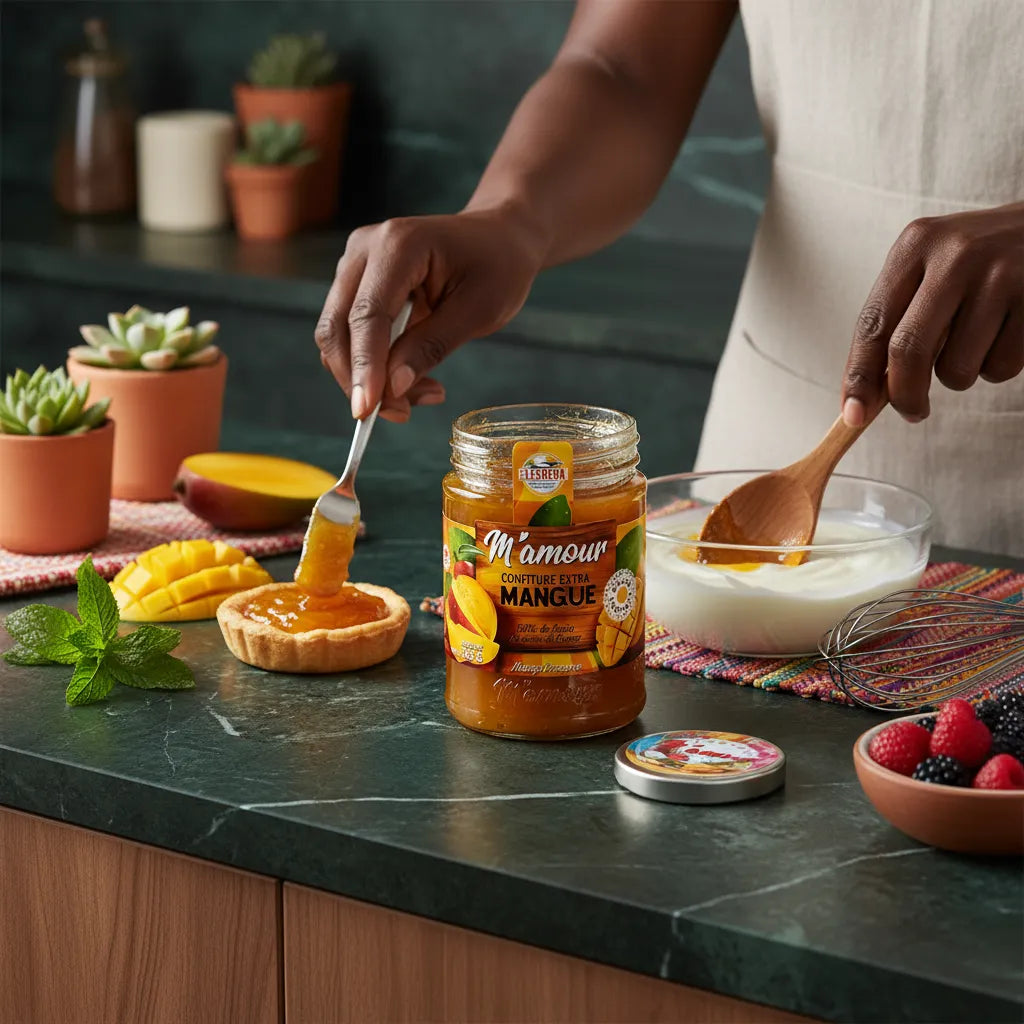 Tartelette garnie de confiture de mangue M'AMOUR, préparation gourmande avec yaourt et fruits, idéale pour une touche tropicale sucrée.