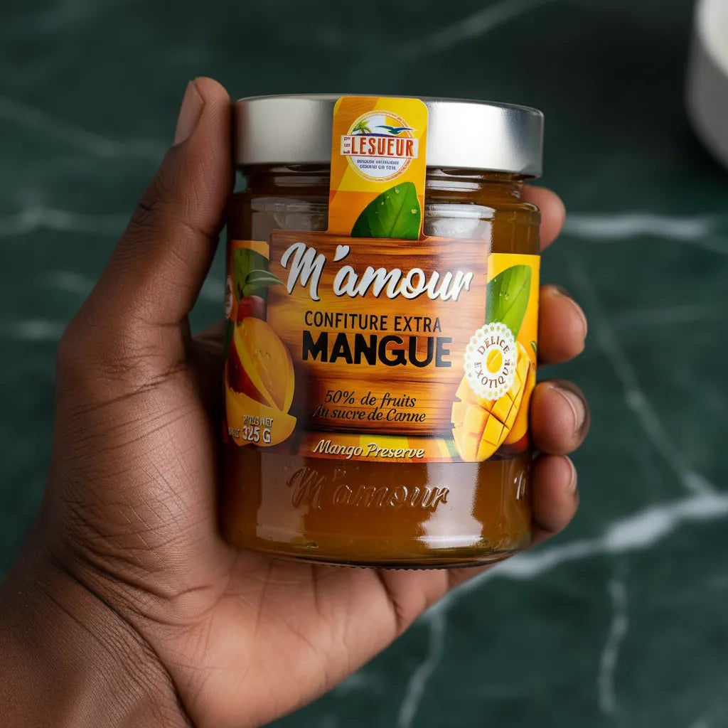 Pot de confiture de mangue M'AMOUR tenu en main, confiture extra riche en fruits, parfaite pour l'épicerie sucrée et les petits déjeuners.
