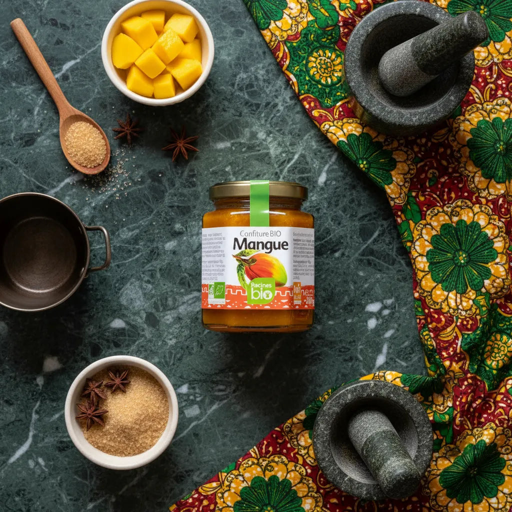 Pot de confiture mangue RACINES BIO entouré d’ingrédients naturels sur fond vert. Délice fruité bio pour épicerie sucrée artisanale.