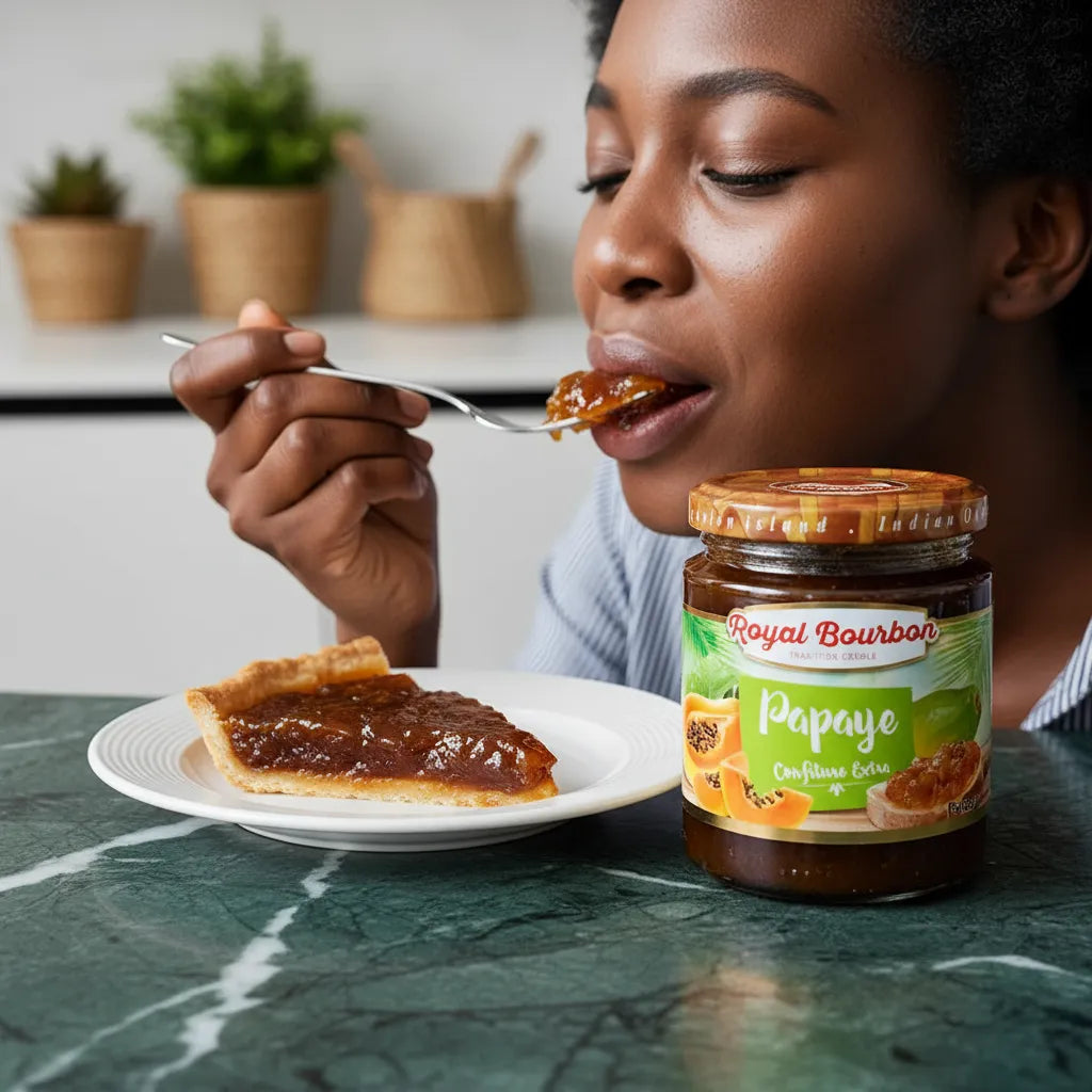 Femme savourant une tartine généreusement garnie de confiture de papaye ROYAL BOURBON, illustrant un moment gourmand tropical.
