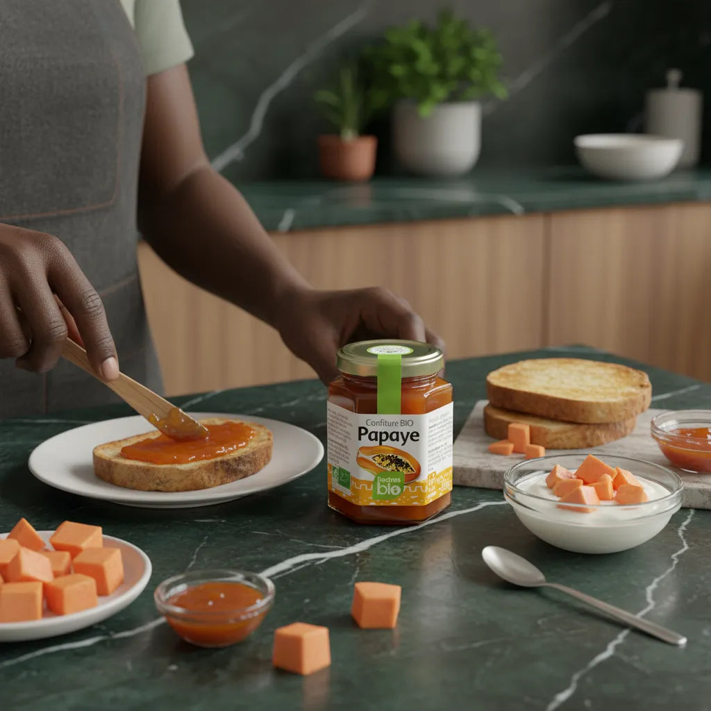 Personne tartinant du pain avec la confiture papaye RACINES BIO. Confiture bio parfaite pour le petit-déjeuner ou le goûter fruité.