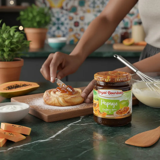 Tartinage de confiture de papaye ROYAL BOURBON sur viennoiserie, parfait pour les recettes sucrées et les petits-déjeuners tropicaux.