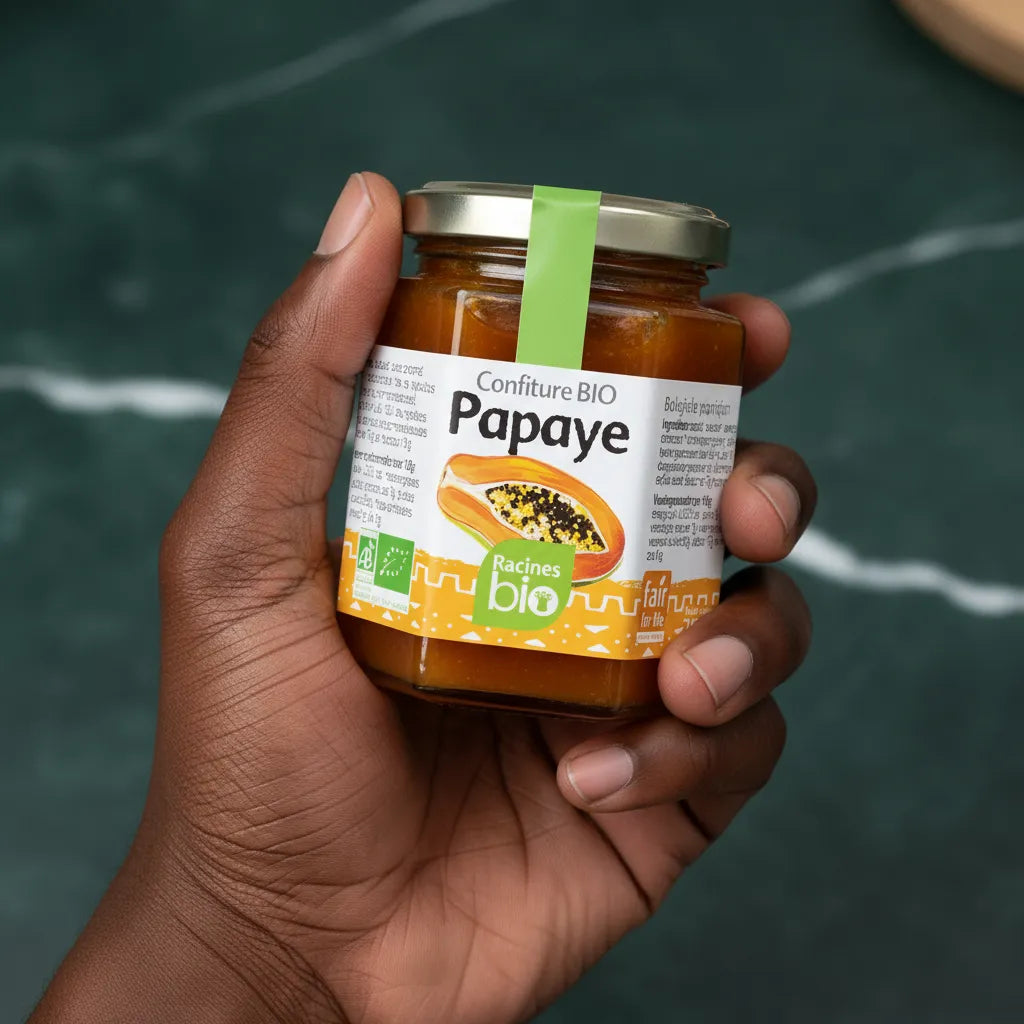 Main tenant un pot de confiture papaye RACINES BIO. Produit d'épicerie sucrée à base de papaye bio pour un goût authentique et naturel.