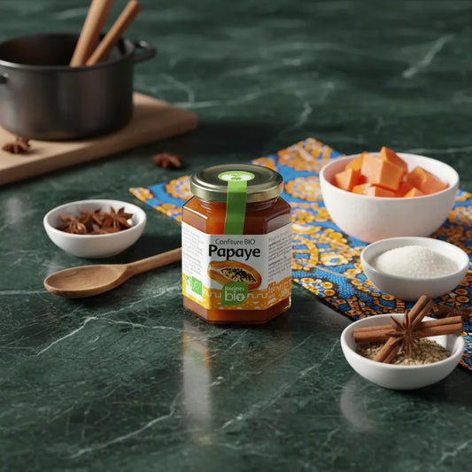 Pot de confiture papaye RACINES BIO entouré d'ingrédients naturels comme papaye, sucre et épices. Produit bio d'épicerie sucrée savoureux.