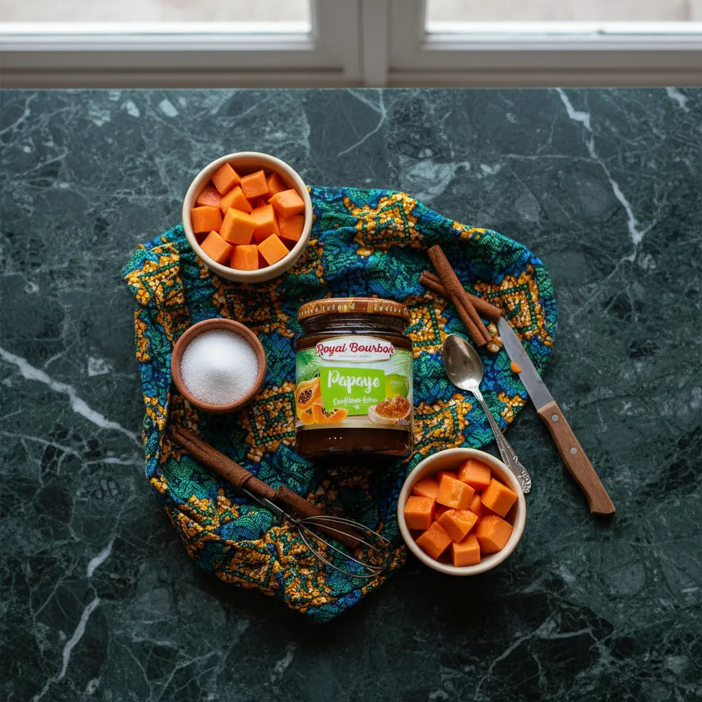 Mise en scène culinaire avec pot de confiture de papaye ROYAL BOURBON entouré de papaye fraîche, sucre et cannelle sur tissu coloré.