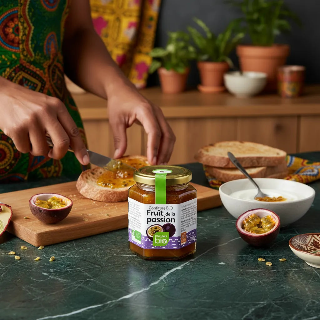 Tartines au pain complet avec confiture fruit de la passion bio Racines, ambiance chaleureuse et naturelle pour un petit-déjeuner sain.