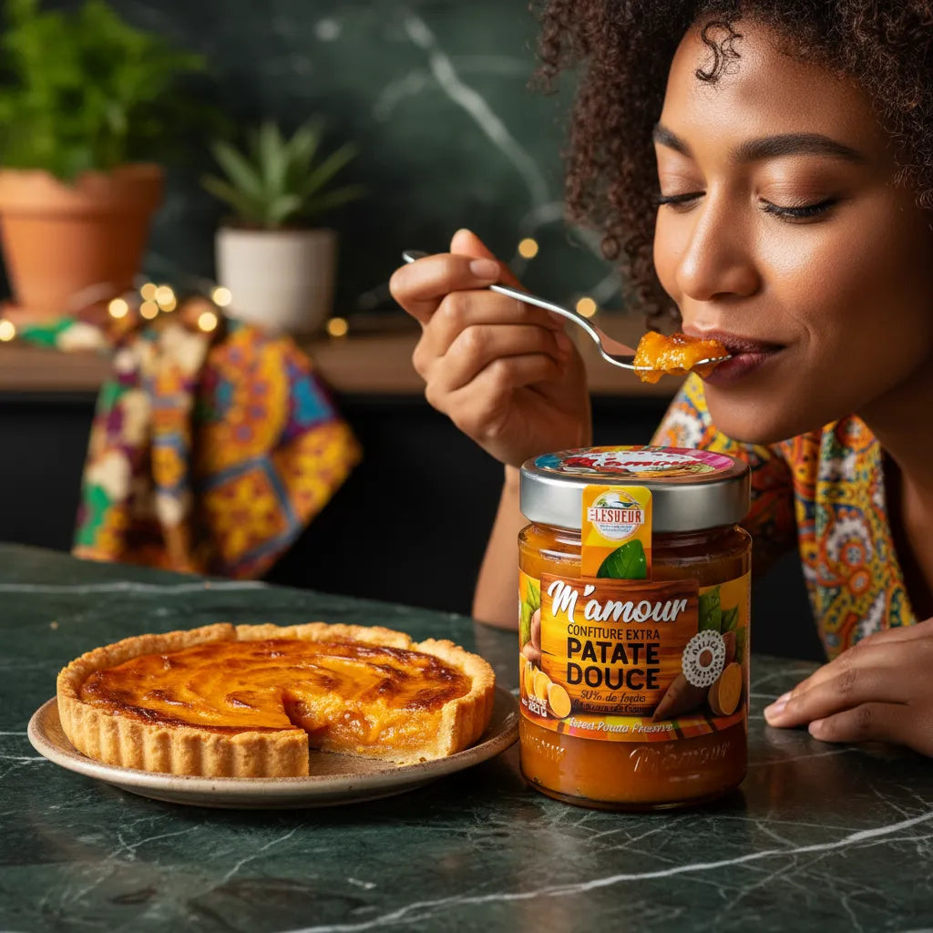 Femme dégustant une tarte à la confiture de patate douce M'AMOUR, bocal en avant-plan. Texture onctueuse parfaite pour desserts maison.