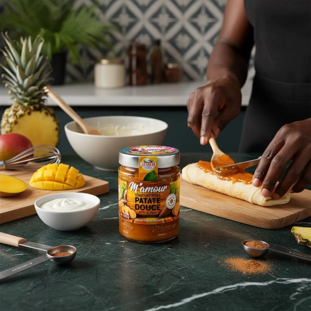 Préparation d’un roulé à la confiture de patate douce M'AMOUR dans une cuisine moderne. Produit sucré idéal pour recettes créatives.