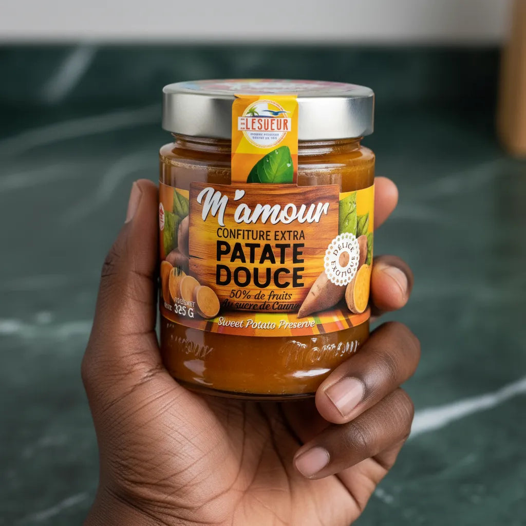 Main tenant un bocal de confiture de patate douce M'AMOUR, gros plan sur l’étiquette mettant en valeur sa composition fruitée. Épicerie sucrée premium.