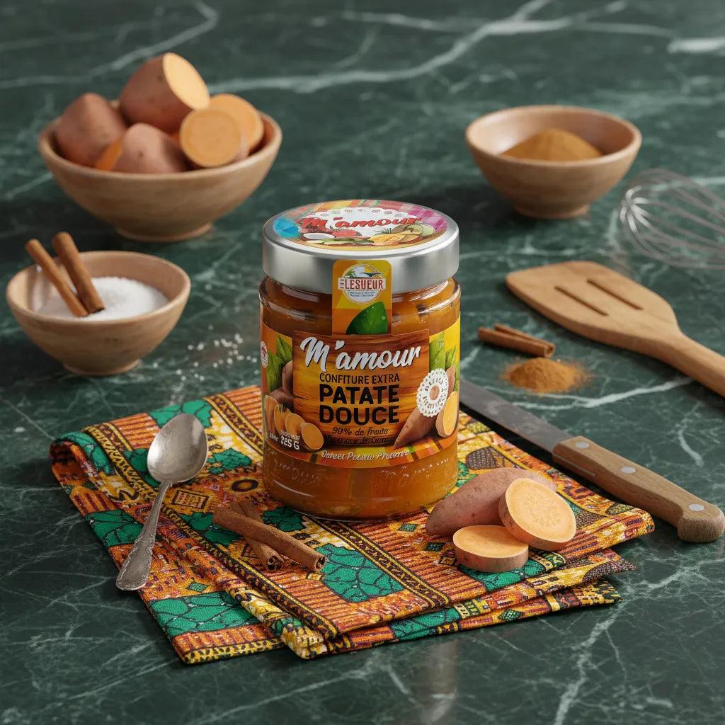 Bocal de confiture de patate douce M'AMOUR posé sur un tissu coloré, entouré d'ingrédients comme cannelle, sucre et patates douces. Idéal pour tartines.