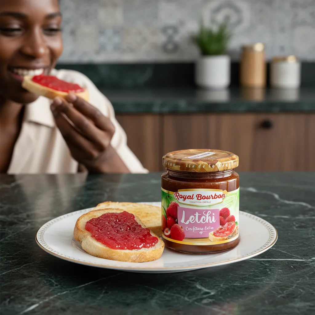 Femme savourant une tartine à la confiture de letchi ROYAL BOURBON - Goût Authentique, moment gourmand d'épicerie sucrée.