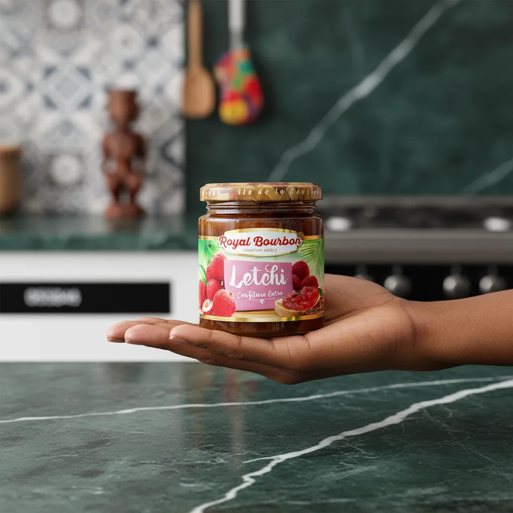 Main tenant un pot de confiture de letchi ROYAL BOURBON - Goût Authentique, mise en avant du produit d'épicerie sucrée.