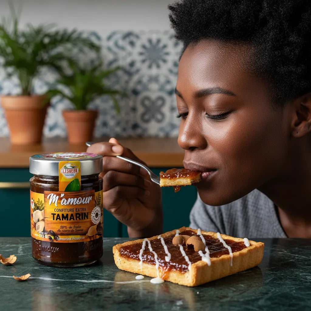 Femme dégustant une tarte à la confiture de tamarin M'AMOUR, mise en scène chaleureuse soulignant la gourmandise du produit.