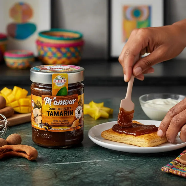 Confiture de tamarin M'AMOUR tartinée sur une pâte feuilletée, idéale pour petits-déjeuners ou desserts, présentée avec fruits exotiques.