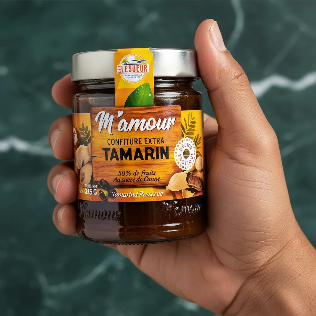 Pot de confiture de tamarin M'AMOUR tenu en main, étiquette mettant en avant le goût acidulé-sucré et la qualité artisanale du produit.