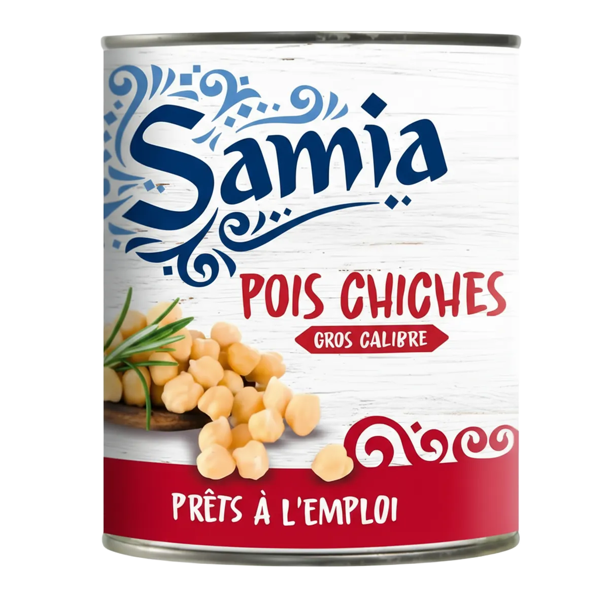 Boîte de pois chiches en conserve SAMIA gros calibre, idéale pour l'épicerie salée. Prêts à l'emploi pour recettes rapides et savoureuses.