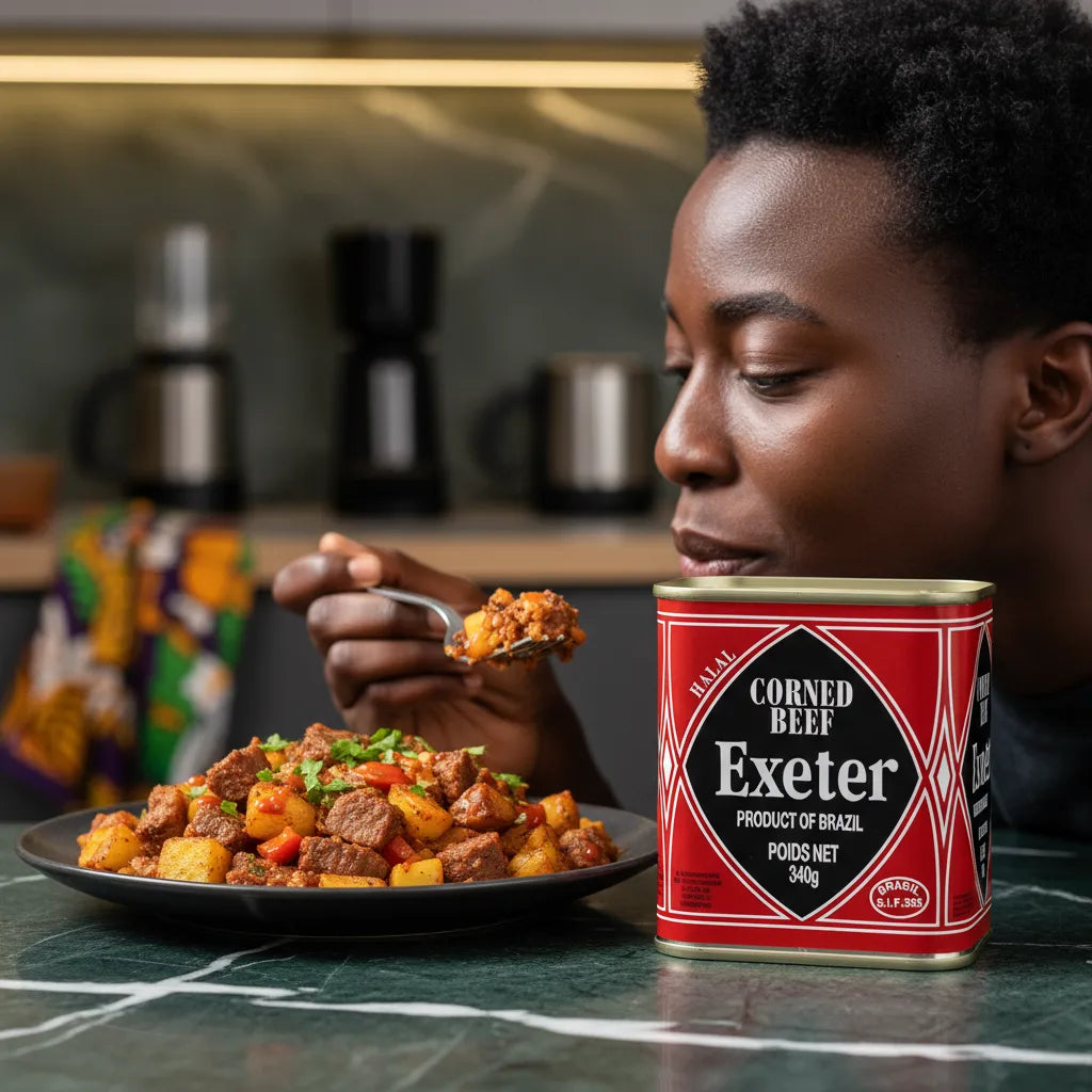 Dégustation d'un plat cuisiné avec Corned Beef EXETER 340g, viande en conserve tendre et prête à l'emploi pour repas maison.