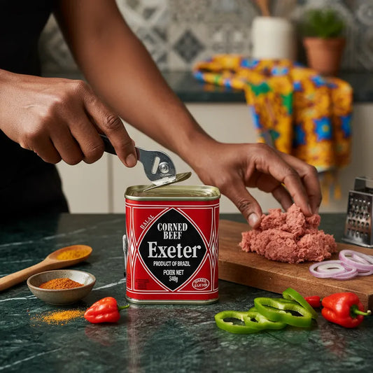 Ouverture d'une boîte de Corned Beef EXETER 340g sur un plan de travail avec légumes frais, idéal pour recettes rapides et savoureuses.