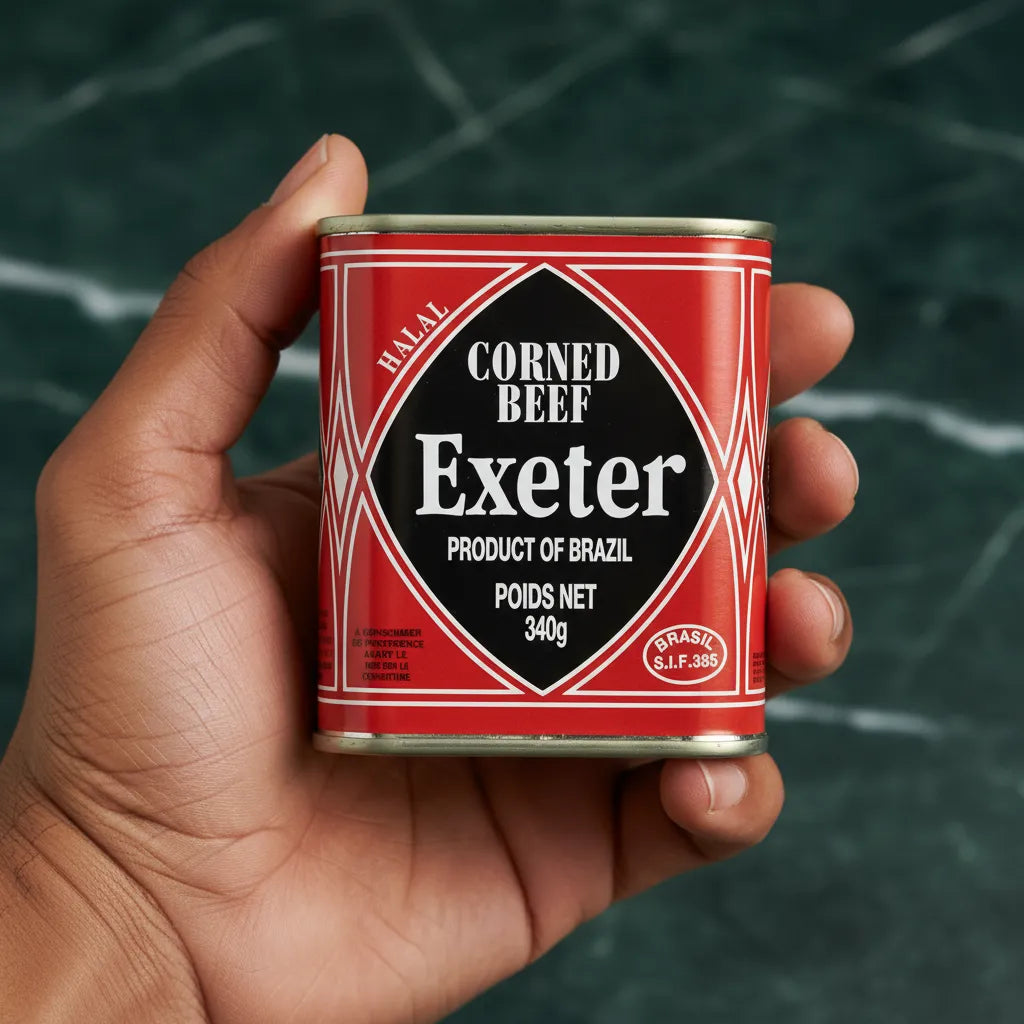 Corned Beef EXETER 340g tenu en main, conserve compacte et pratique pour les amateurs de viande cuite en épicerie salée.