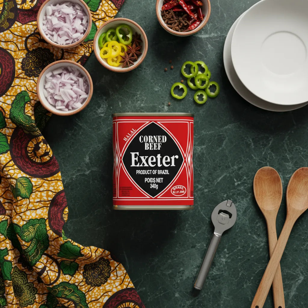 Corned Beef EXETER 340g au centre d'ingrédients frais sur table de cuisine, parfait pour préparer des plats maison savoureux.