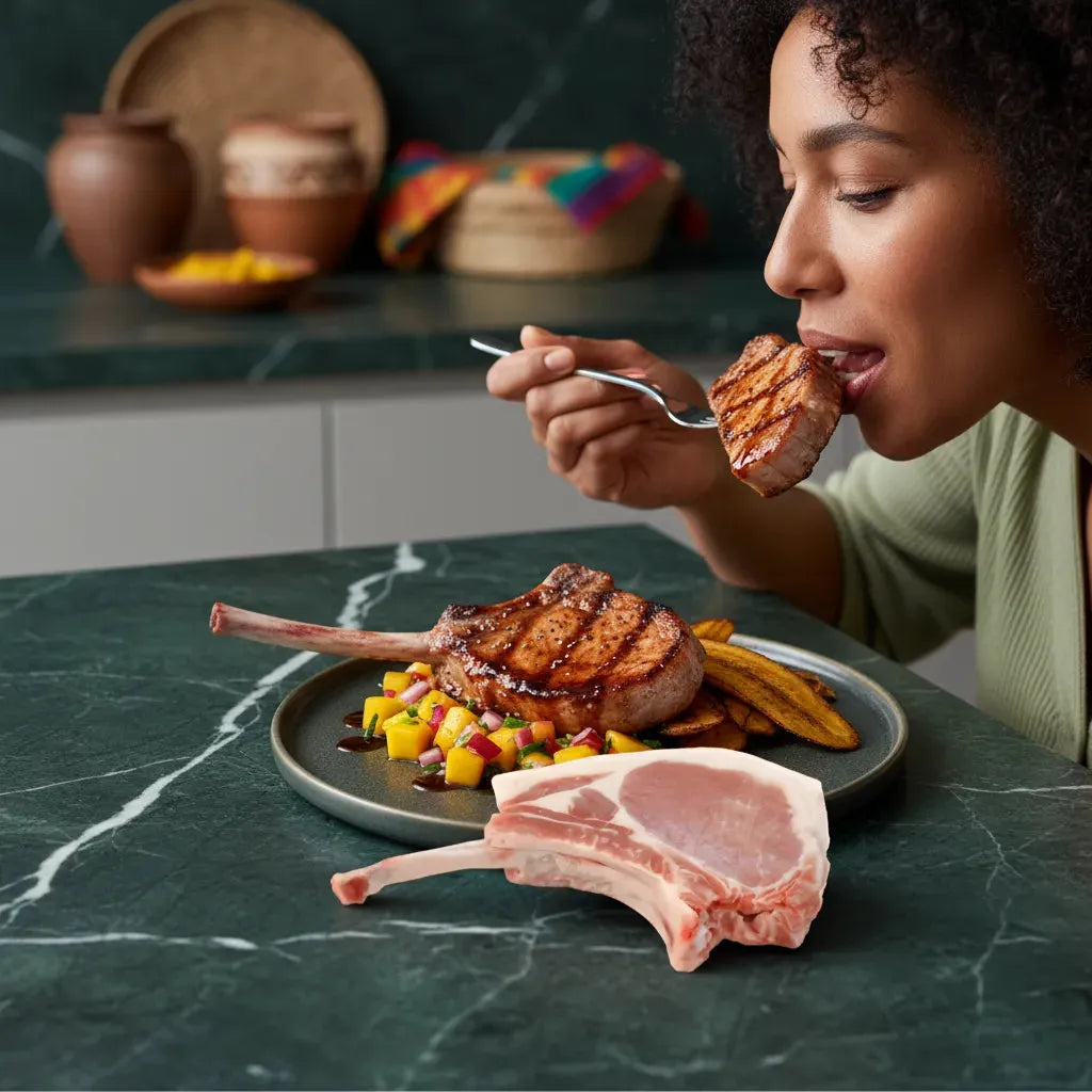 Femme dégustant une côte de porc grillée avec os, accompagnée de légumes. Viande juteuse et savoureuse, parfaite pour un repas gourmand.