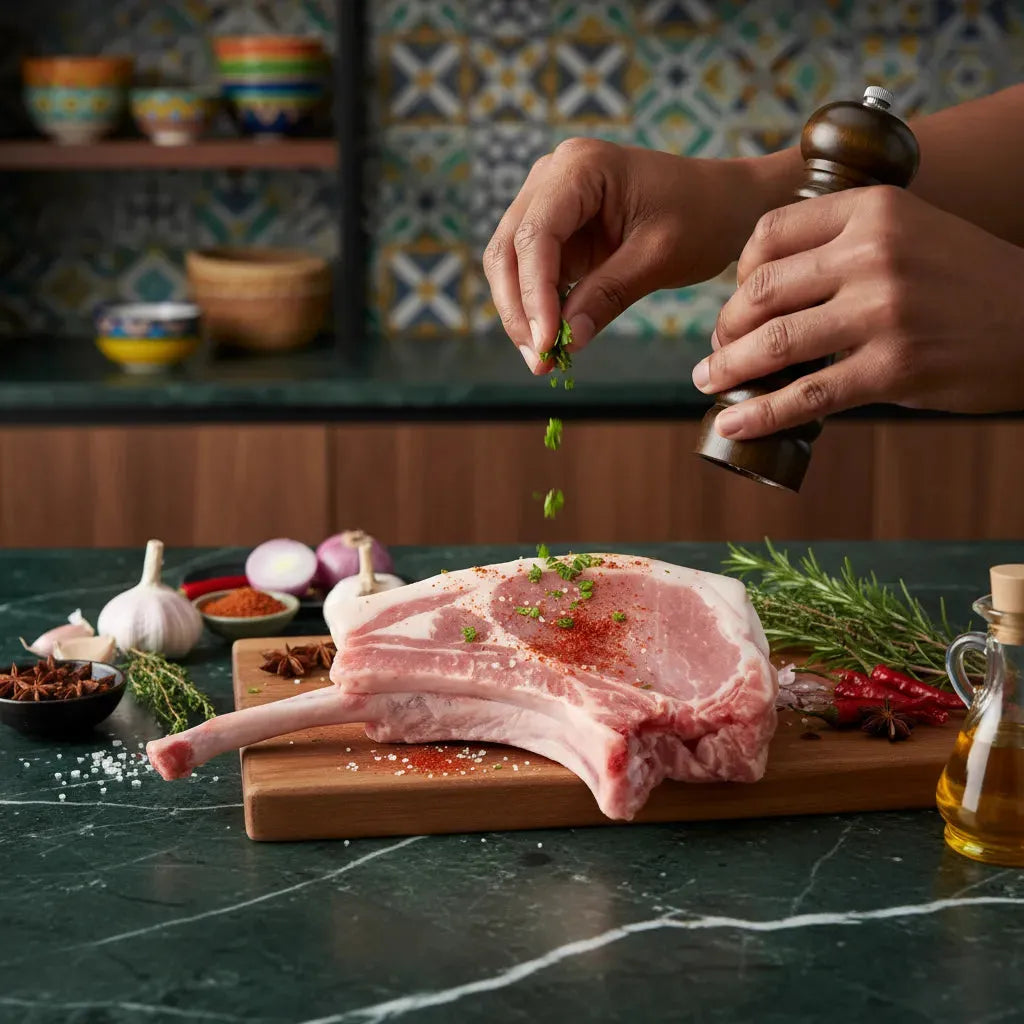 Préparation d'une côte de porc avec os, assaisonnée avec herbes et épices. Viande tendre et juteuse prête à cuire pour un goût prononcé.