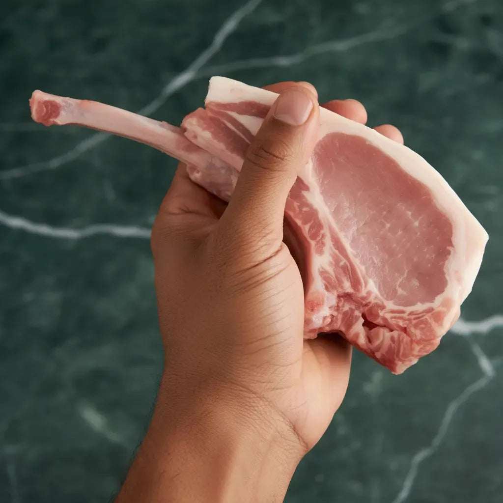 Main tenant une côte de porc avec os crue, montrant la qualité et la tendreté de la viande. Idéale pour cuisson savoureuse et grillades.