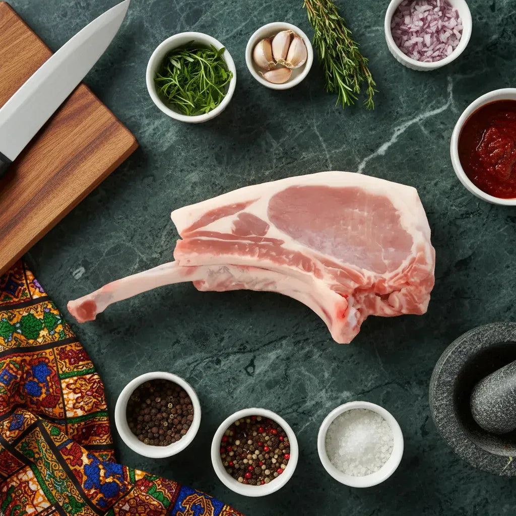 Côte de porc avec os crue entourée d'ingrédients frais sur plan de travail, idéale pour une préparation maison savoureuse et tendre.