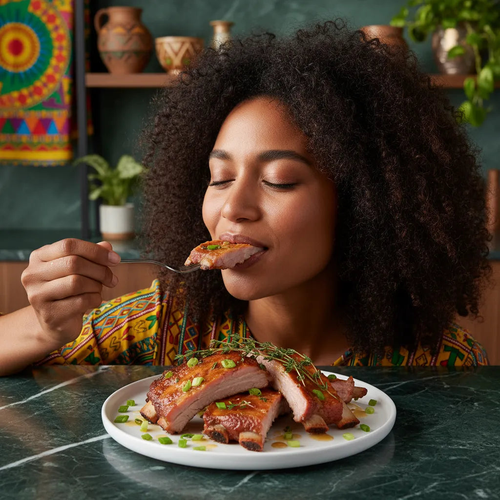 Femme dégustant des côtes de porc fumé cuites, juteuses et bien assaisonnées. Saveur fumée délicieuse, idéale pour repas gourmands.