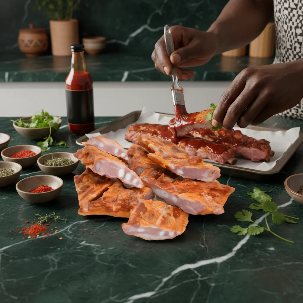 Préparation de côtes de porc fumé avec marinade sur plan de travail, accompagnée d'épices. Idéal pour une cuisson savoureuse et tendre.