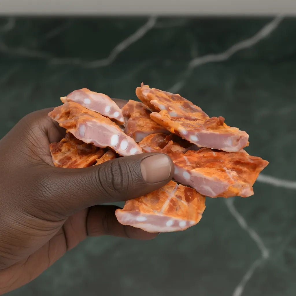 Main tenant des côtes de porc fumé surgelées, prêtes à cuire. Viande tendre et savoureuse, parfaite pour grillades ou plats mijotés.