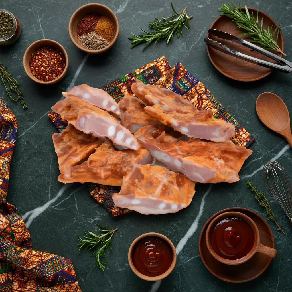 Côtis de porc fumé surgelés présentés avec herbes et épices sur fond africain. Produit tendre et riche en goût pour plats traditionnels.