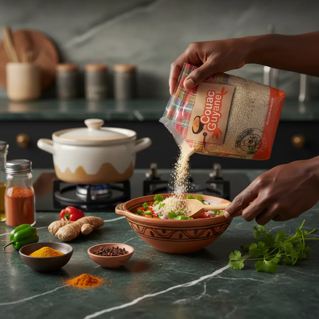 Main versant du Couac DÉLICES DE GUYANE - Semoule Manioc Guyane dans un plat en terre cuite, entouré d'épices et d'ingrédients frais.