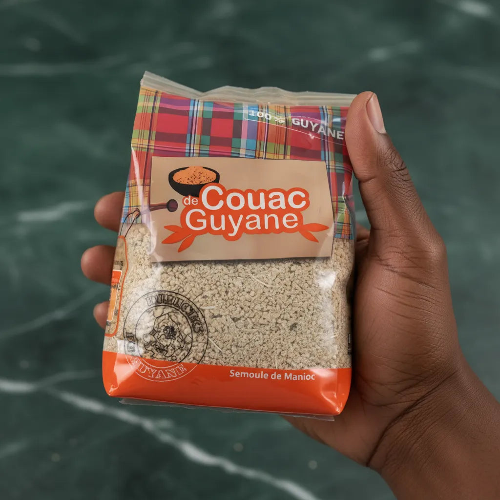 Main tenant un sachet de Couac DÉLICES DE GUYANE - Semoule Manioc Guyane, gros plan sur l'emballage artisanal aux couleurs locales.