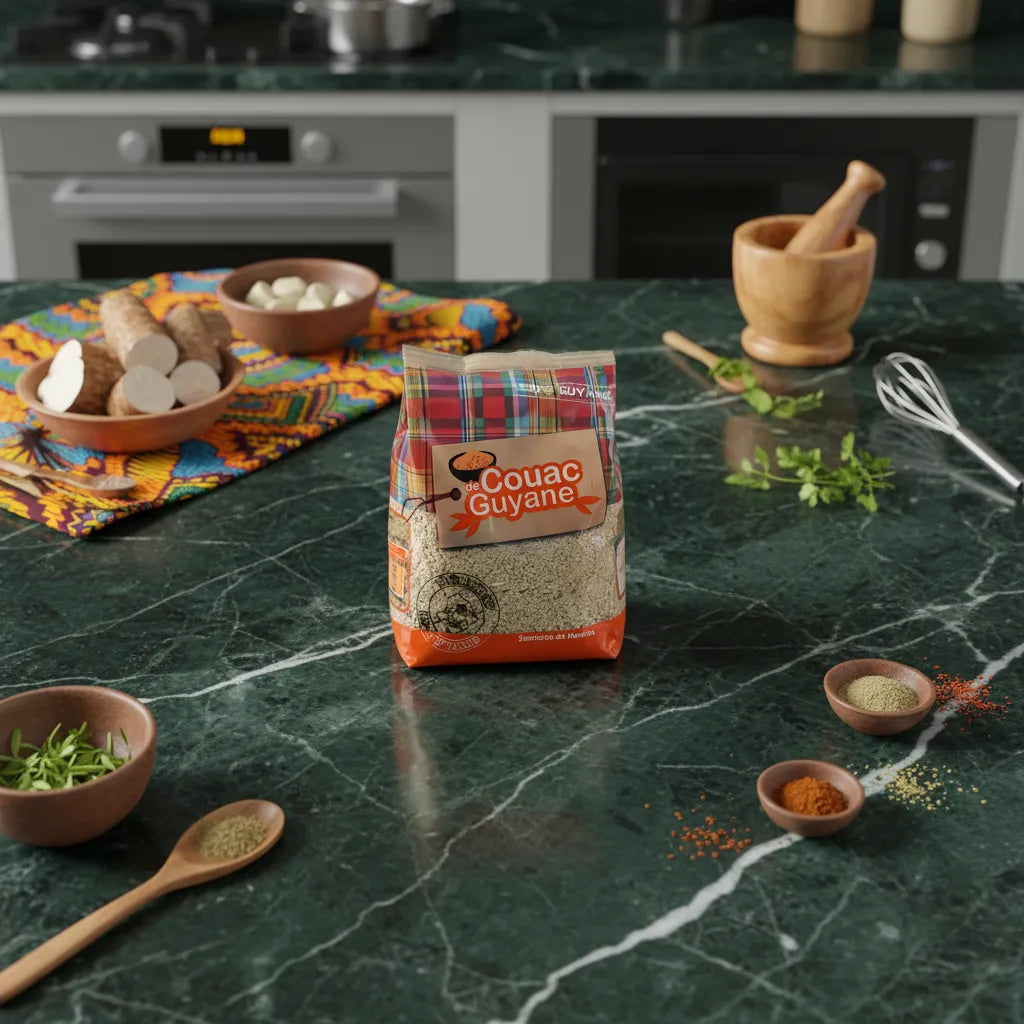 Sachet de Couac DÉLICES DE GUYANE - Semoule Manioc Guyane posé sur un plan de travail avec épices et manioc frais, ambiance culinaire.