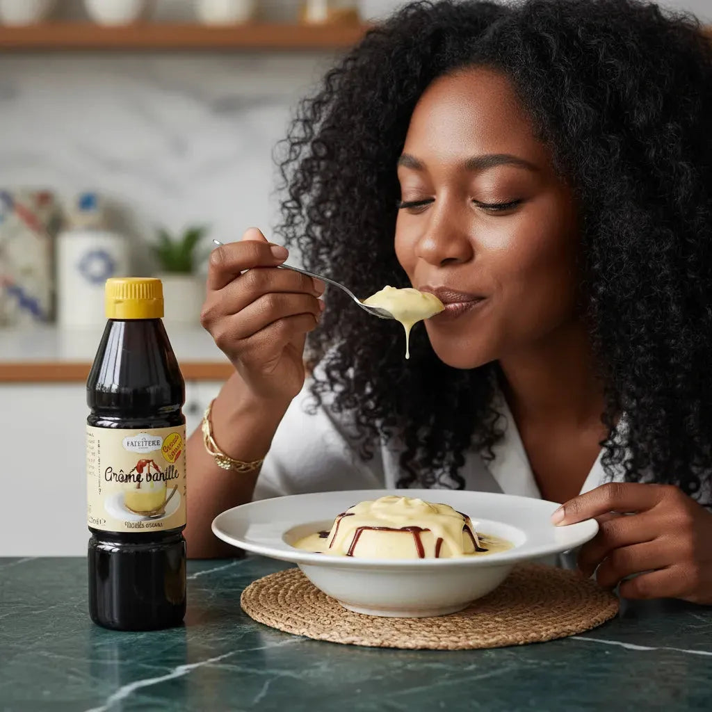 Femme dégustant un dessert à la vanille préparé avec l'arôme LA PATELIÈRE, idéal pour enrichir vos créations sucrées au goût unique.