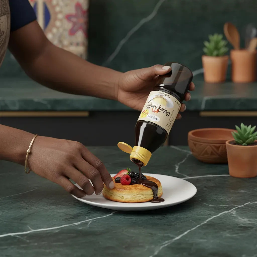 Arôme vanille LA PATELIÈRE versé sur pancake aux fruits, parfait pour rehausser le goût des desserts dans l'épicerie sucrée.