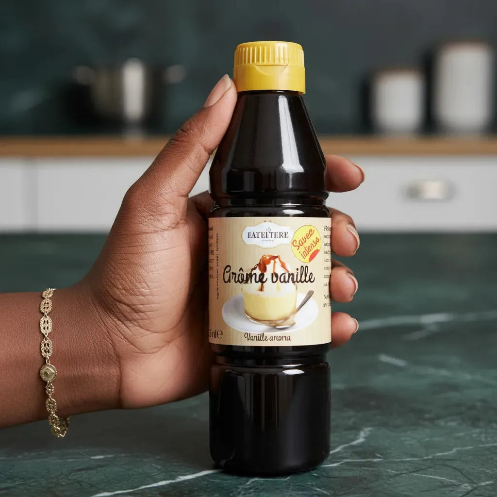 Main tenant une bouteille d'arôme vanille LA PATELIÈRE, ingrédient incontournable pour la pâtisserie et les desserts faits maison.
