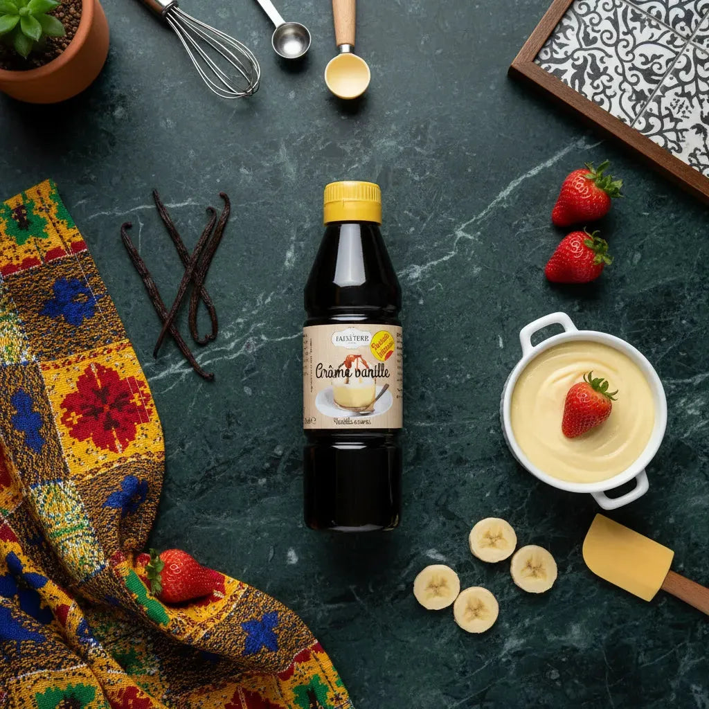 Arôme Vanille LA PATELIÈRE posé sur table avec fruits et crème, parfait pour sublimer vos pâtisseries et recettes sucrées maison.